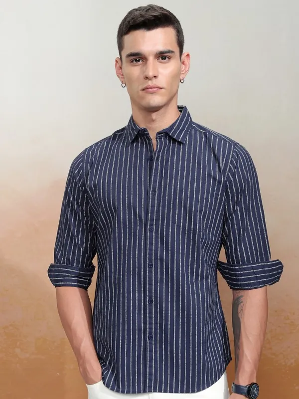 Highlander Men Navy Blue Striped Regular Fit Casual Shirt