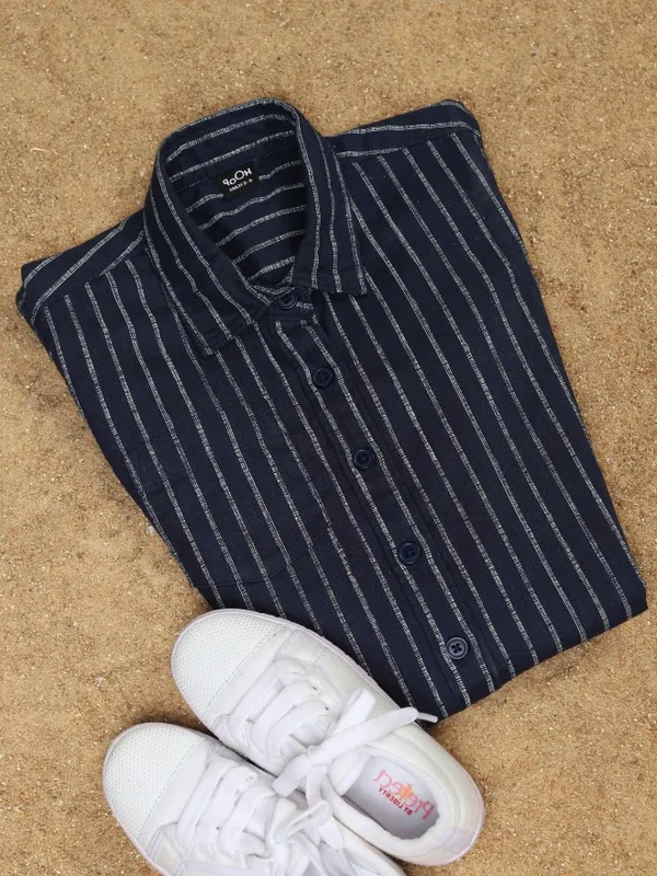 Hoop Boys Navy Blue Striped Slim Fit Casual Shirt