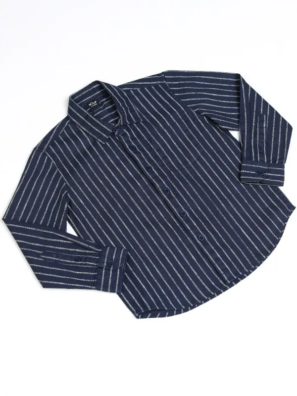 Hoop Boys Navy Blue Striped Slim Fit Casual Shirt