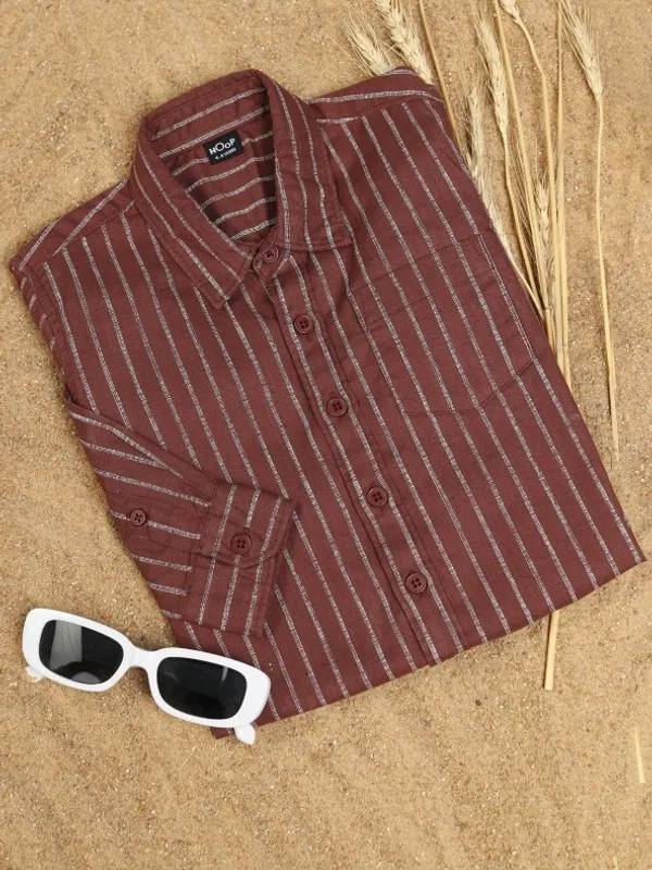 Hoop Boys Brown Striped Slim Fit Casual Shirt