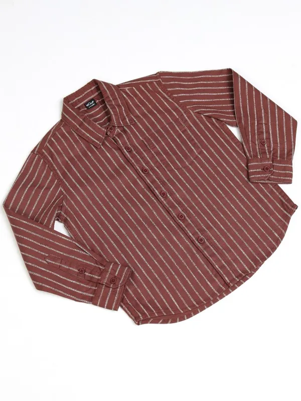 Hoop Boys Brown Striped Slim Fit Casual Shirt