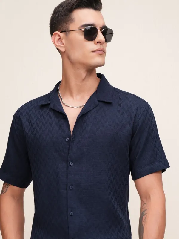 Highlander Men Navy Blue Textured Relaxed Fit Casual Shirt