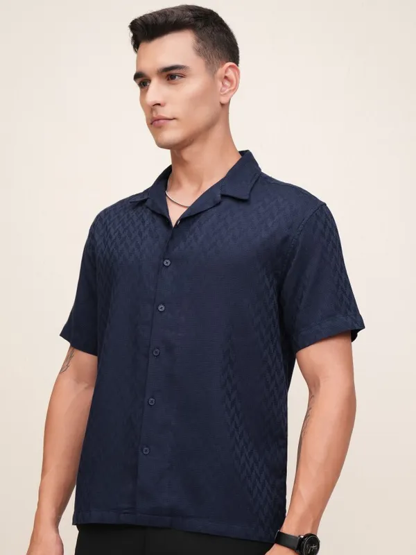 Highlander Men Navy Blue Textured Relaxed Fit Casual Shirt