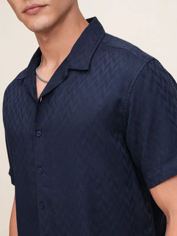 Highlander Men Navy Blue Textured Relaxed Fit Casual Shirt