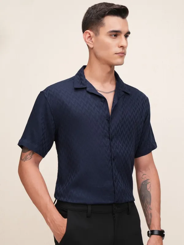 Highlander Men Navy Blue Textured Relaxed Fit Casual Shirt