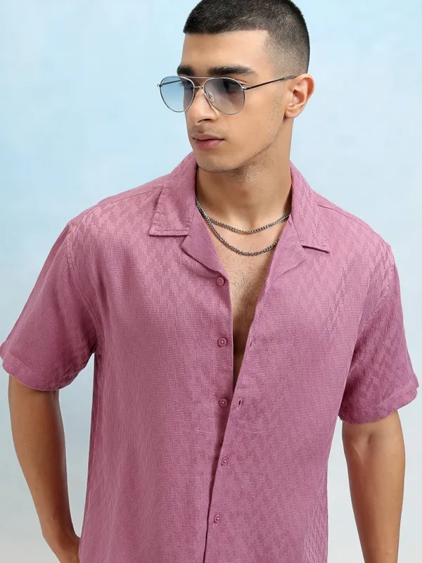 Highlander Men Mauve Dobby Textured Relaxed Fit Casual Shirt