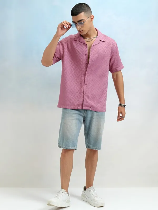 Highlander Men Mauve Dobby Textured Relaxed Fit Casual Shirt