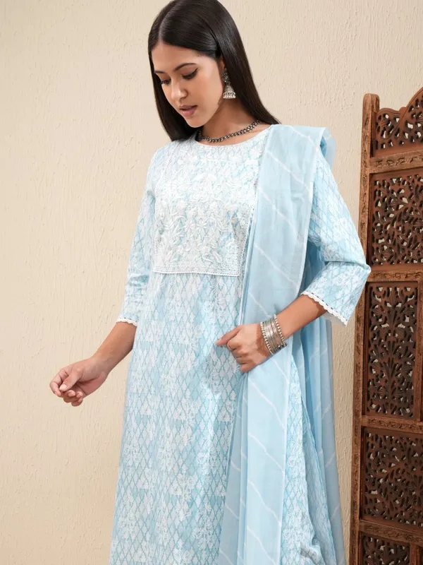Vishudh Women Sky Blue Embroidered Straight Kurta With Pants And Dupatta