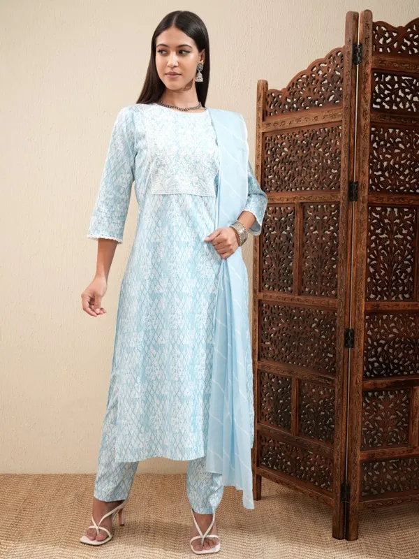 Vishudh Women Sky Blue Embroidered Straight Kurta With Pants And Dupatta