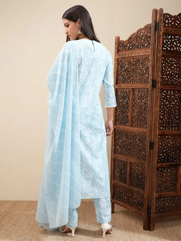 Vishudh Women Sky Blue Embroidered Straight Kurta With Pants And Dupatta