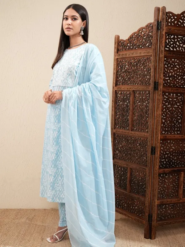 Vishudh Women Sky Blue Embroidered Straight Kurta With Pants And Dupatta
