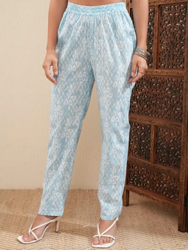 Vishudh Women Sky Blue Embroidered Straight Kurta With Pants And Dupatta