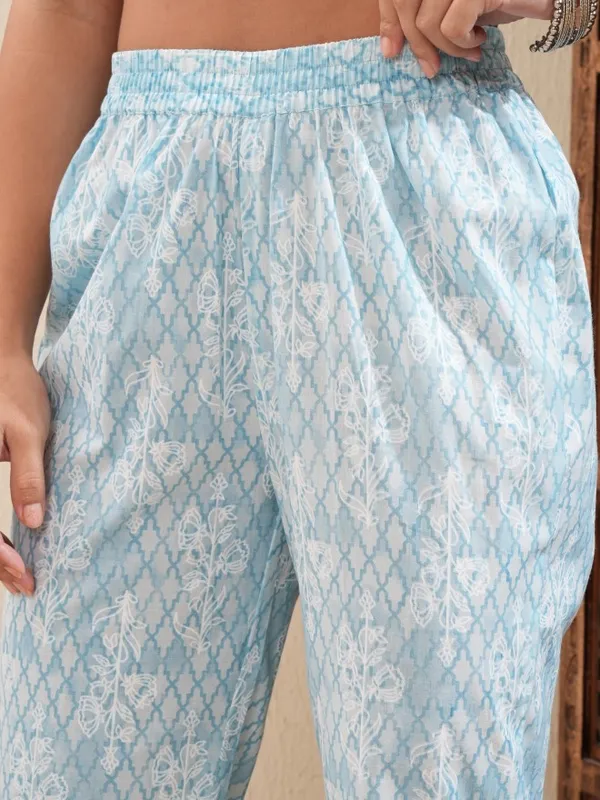 Vishudh Women Sky Blue Embroidered Straight Kurta With Pants And Dupatta