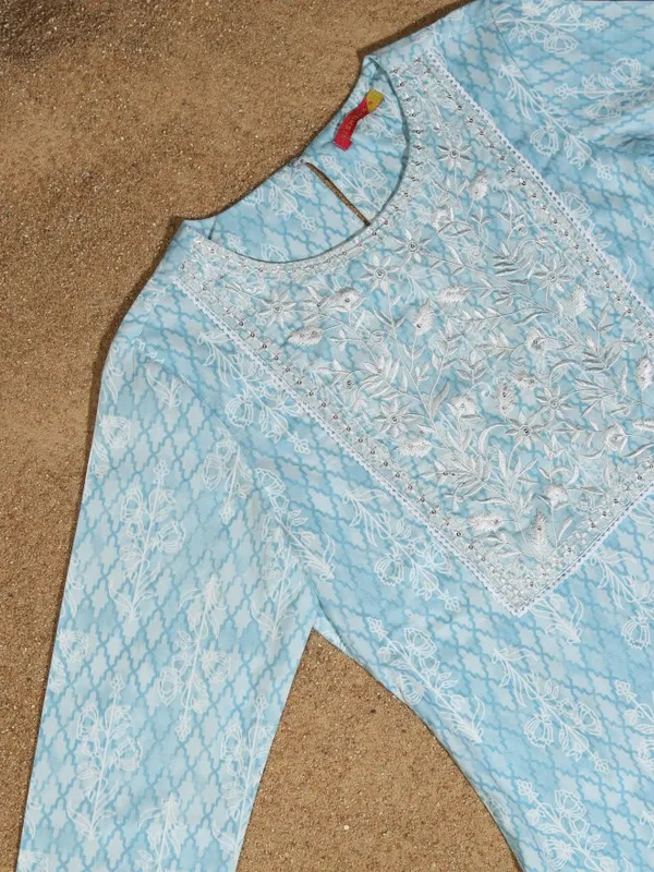 Vishudh Women Sky Blue Embroidered Straight Kurta With Pants And Dupatta