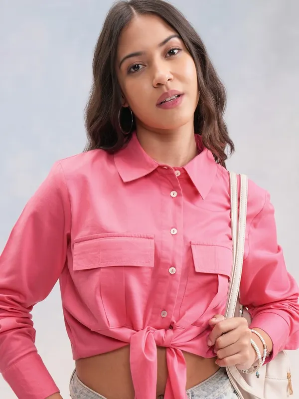 Tokyo Talkies Women Pink Solid Shirt Style Top