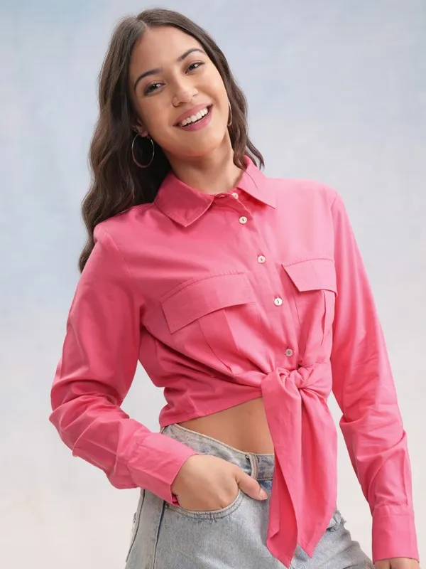 Tokyo Talkies Women Pink Solid Shirt Style Top