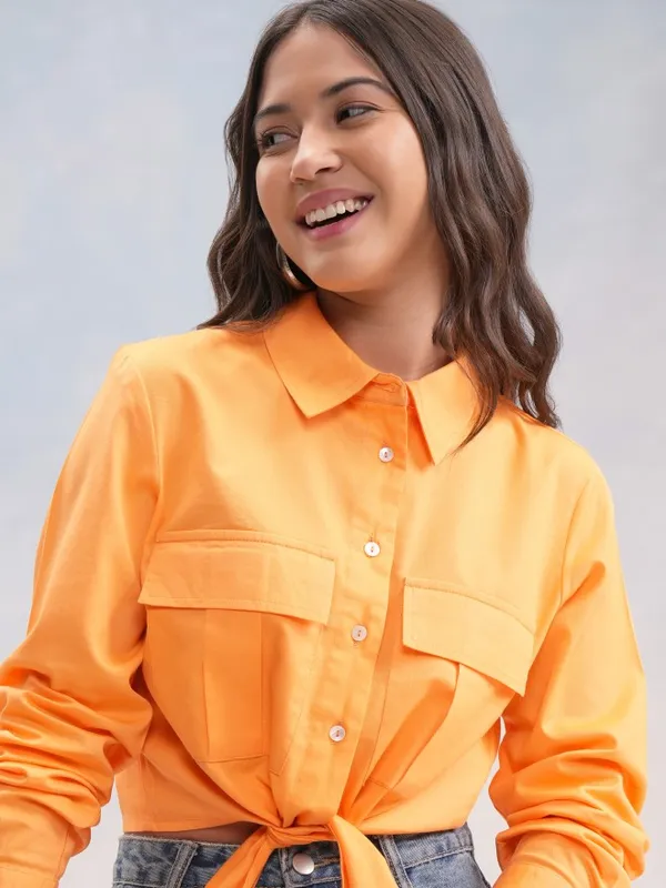 Tokyo Talkies Women Orange Solid Shirt Style Top
