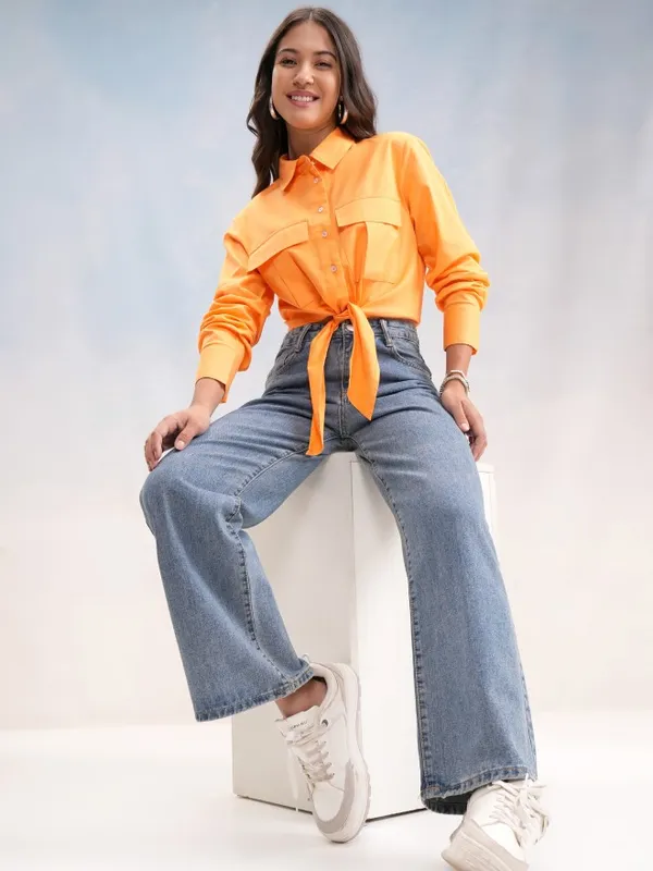 Tokyo Talkies Women Orange Solid Shirt Style Top
