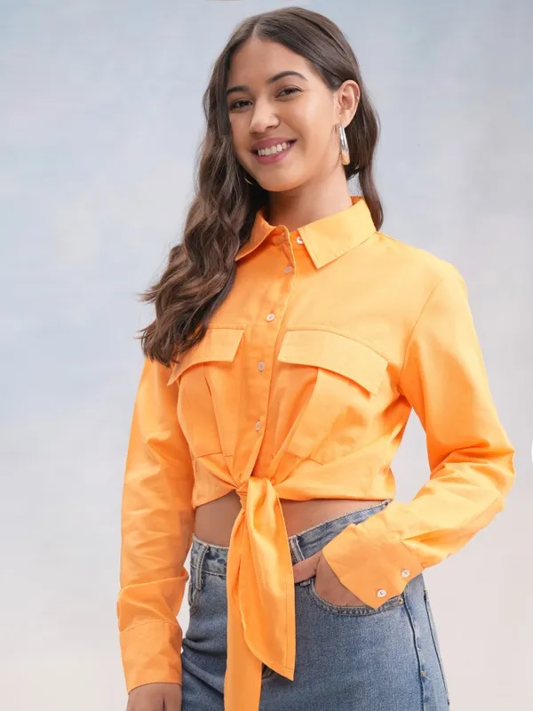 Tokyo Talkies Women Orange Solid Shirt Style Top