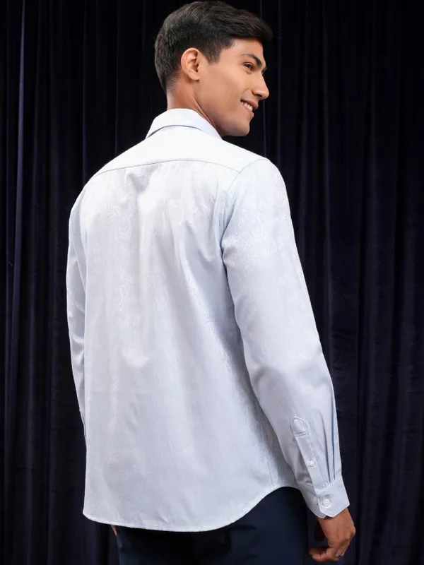 Locomotive Men Blue Self Design Slim Fit Casual Shirt