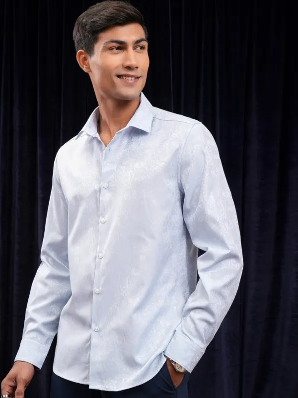 Locomotive Men Blue Self Design Slim Fit Casual Shirt