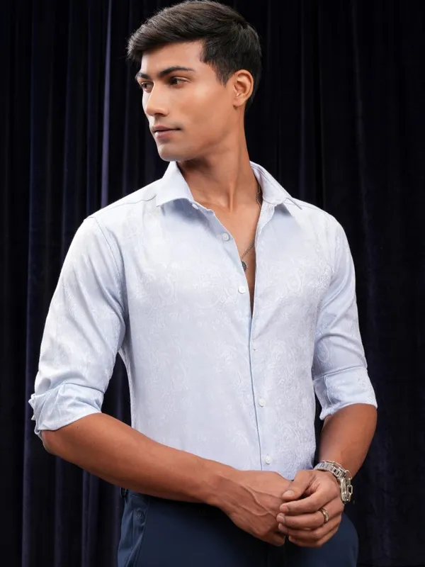 Locomotive Men Blue Self Design Slim Fit Casual Shirt