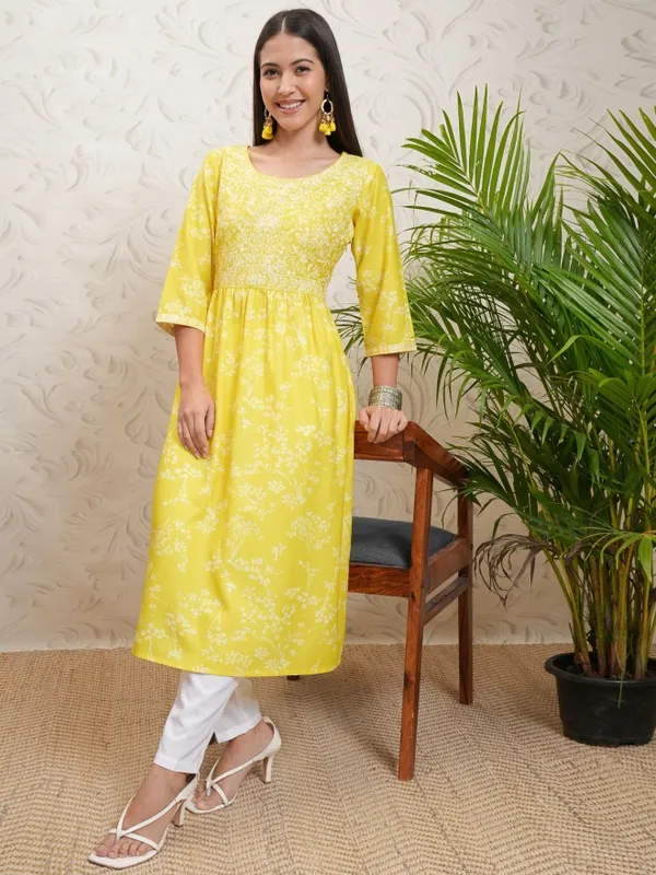 Vishudh Women Yellow Printed A-Line Kurta
