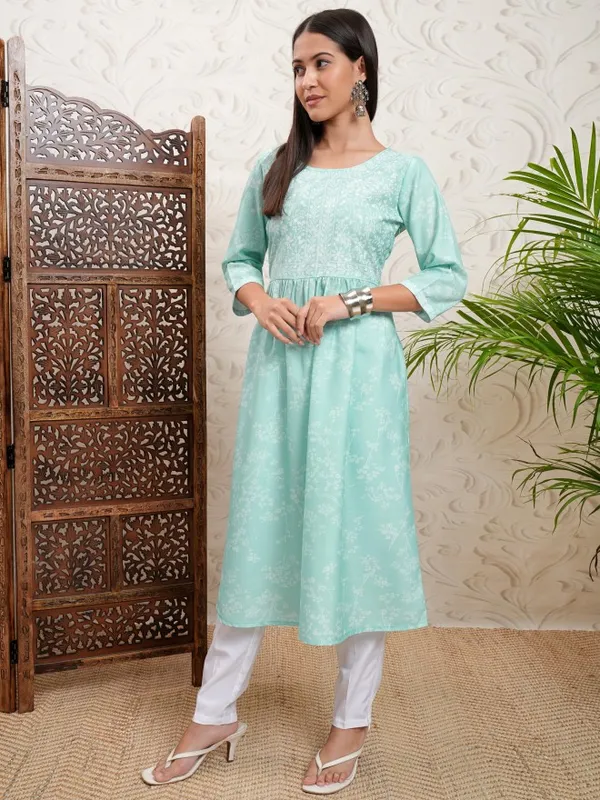 Vishudh Women Turquoise Printed A-Line Kurta