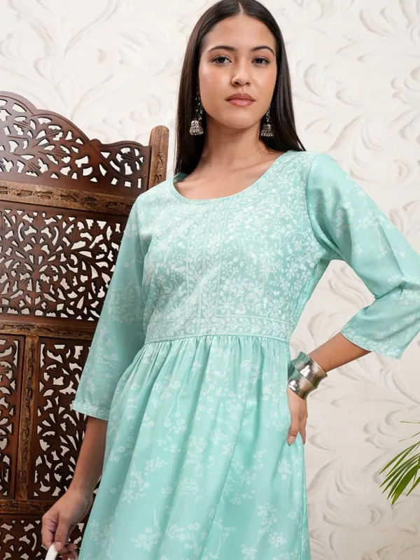 Vishudh Women Turquoise Printed A-Line Kurta