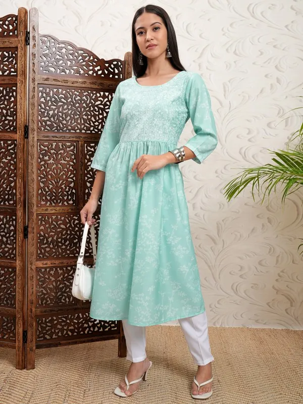 Vishudh Women Turquoise Printed A-Line Kurta