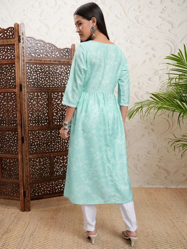 Vishudh Women Turquoise Printed A-Line Kurta