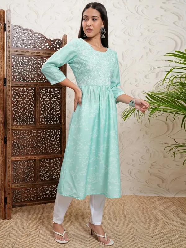 Vishudh Women Turquoise Printed A-Line Kurta