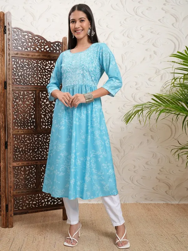 Vishudh Women Blue Printed A-Line Kurta