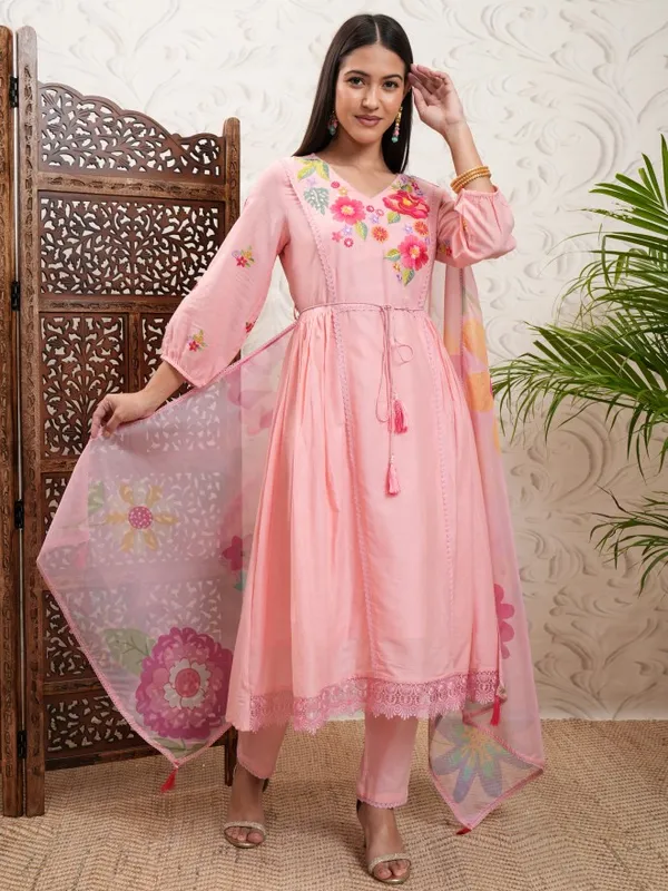 Vishudh Women Peach Printed Kurta With Trouser And Dupatta