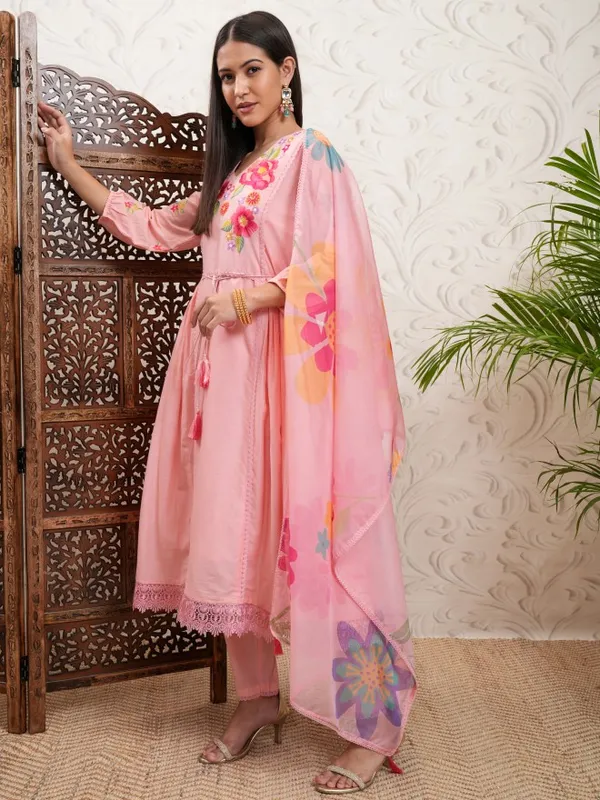 Vishudh Women Peach Printed Kurta With Trouser And Dupatta
