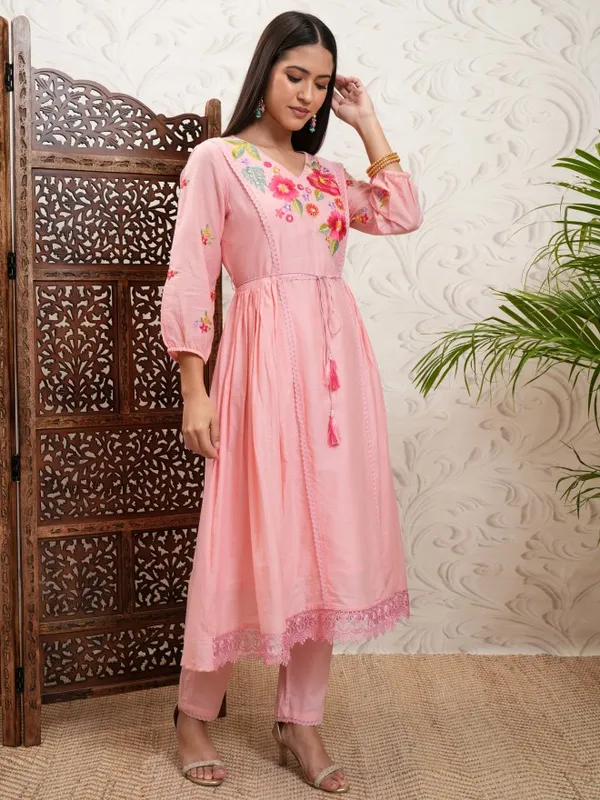 Vishudh Women Peach Printed Kurta With Trouser And Dupatta