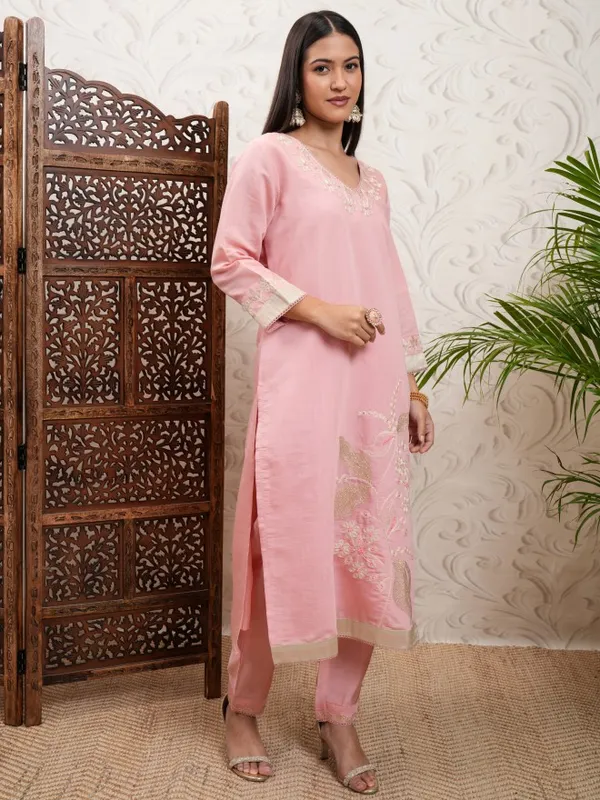 Vishudh Women Coral Embroidered Kurta With Trouser And Dupatta