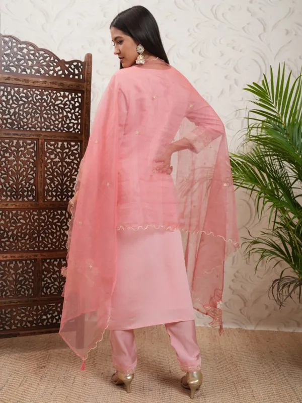 Vishudh Women Coral Embroidered Kurta With Trouser And Dupatta