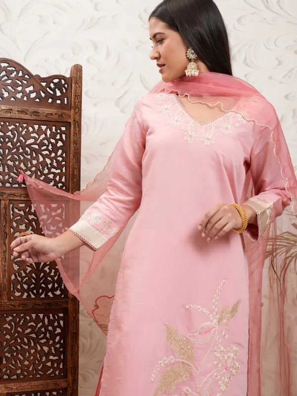 Vishudh Women Coral Embroidered Kurta With Trouser And Dupatta