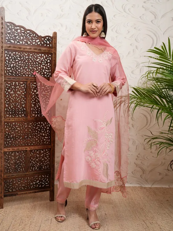 Vishudh Women Coral Embroidered Kurta With Trouser And Dupatta
