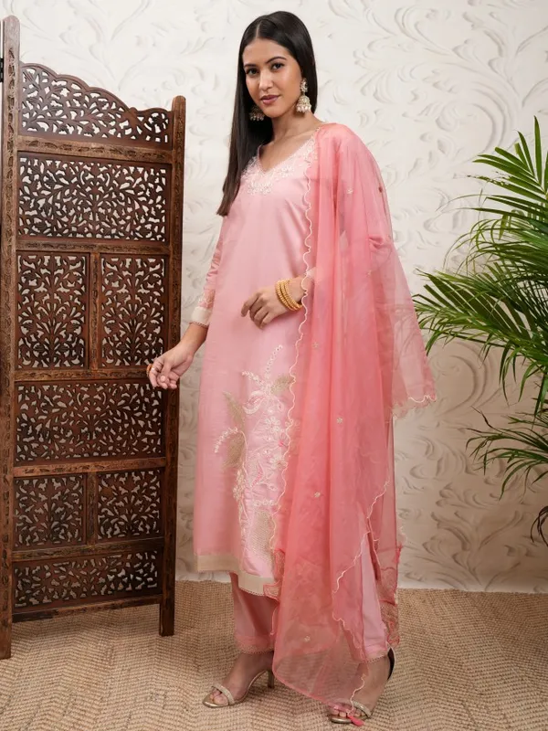 Vishudh Women Coral Embroidered Kurta With Trouser And Dupatta