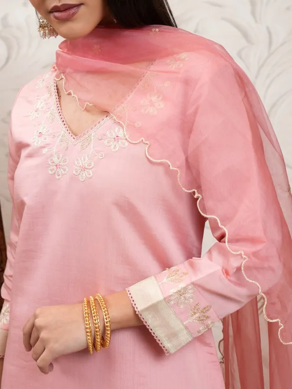 Vishudh Women Coral Embroidered Kurta With Trouser And Dupatta