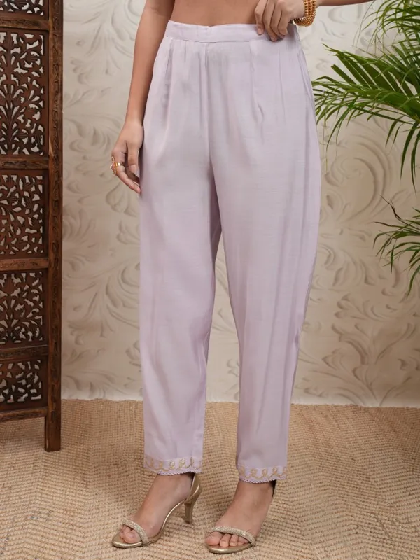 Vishudh Women Purple Embroidered Kurta With Trouser And Dupatta