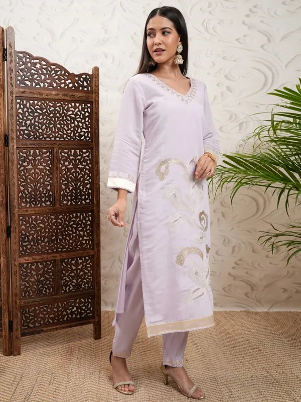 Vishudh Women Purple Embroidered Kurta With Trouser And Dupatta