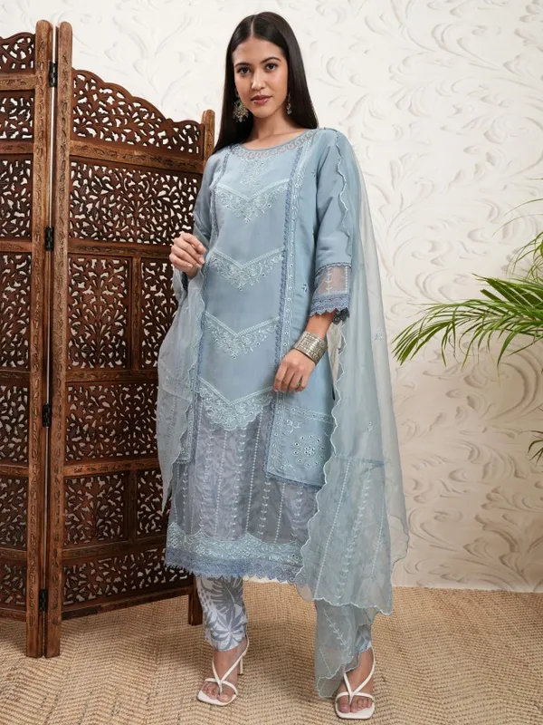 Vishudh Women Grey Embroidered Kurta With Trouser And Dupatta