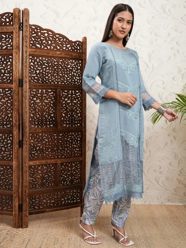 Vishudh Women Grey Embroidered Kurta With Trouser And Dupatta