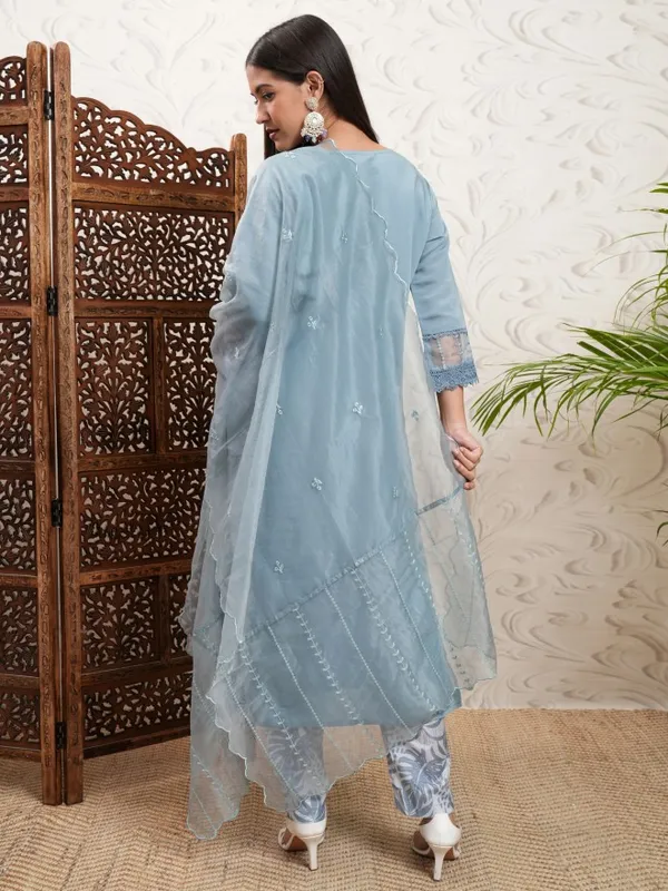 Vishudh Women Grey Embroidered Kurta With Trouser And Dupatta