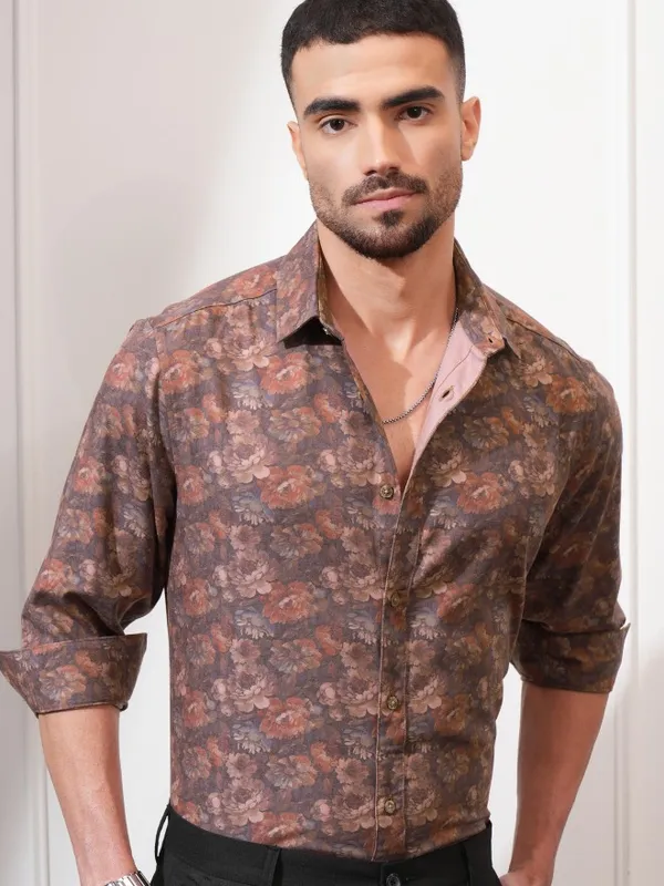 Locomotive Men Rust Printed Slim Fit Casual Shirt