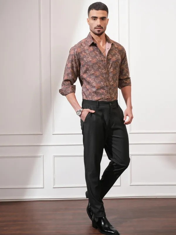 Locomotive Men Rust Printed Slim Fit Casual Shirt