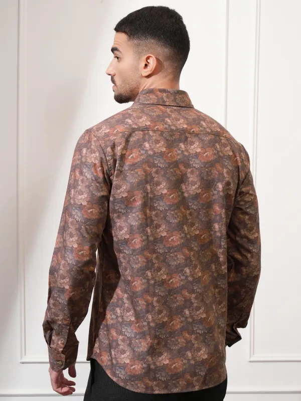 Locomotive Men Rust Printed Slim Fit Casual Shirt